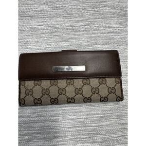 Gucci GG Monogram Womens Brown Canvas Leather Compact Long Bifold Card Wallet